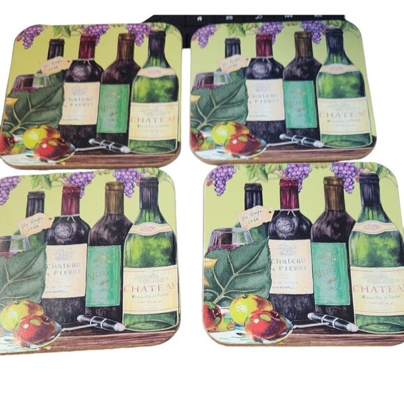 Wine Bottles Grapes Set of 4 Coasters Cork Backing Wood Glossy 3 1/2" x 3 1/2" - Picture 3 of 6